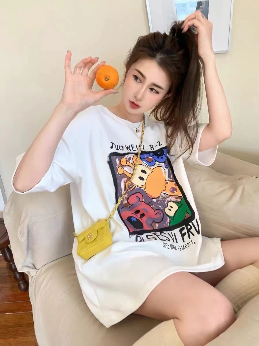 歐貨卡通塗鴉前後印花短袖T恤女2024春季新款時尚寬鬆洋氣上衣女