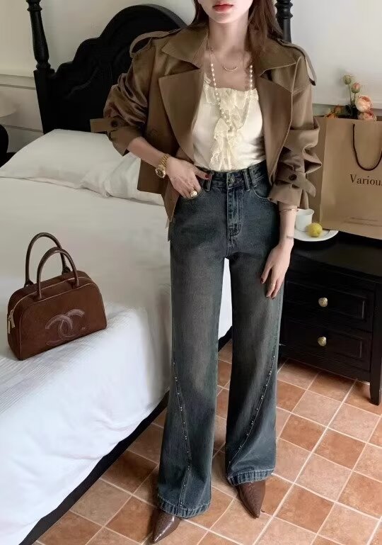 復古釘珠微喇叭牛仔褲女春夏設計感小眾高腰寬鬆闊腿褲子拖地長褲