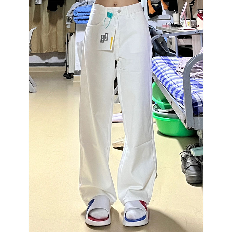 直播白色闊腿牛仔褲女新款高腰寬鬆小個子直筒拖地褲子潮