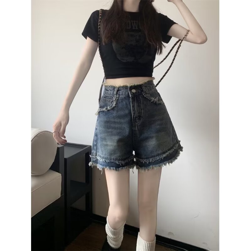 韓版寬鬆顯瘦闊腿熱褲潮ins夏季薄款高腰a字牛仔短褲女