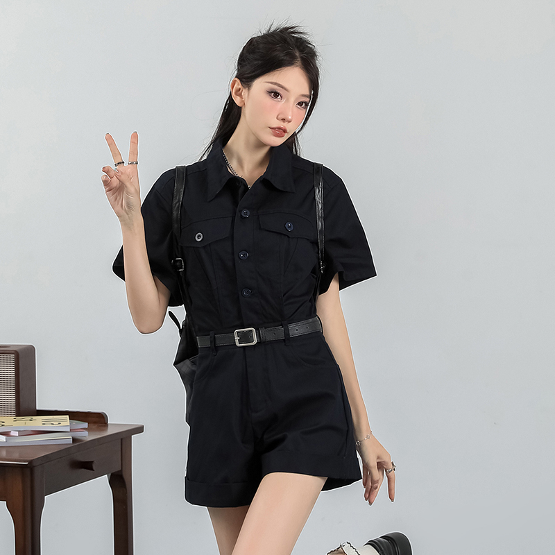 網紅同款2024春夏特工少女連體褲帥氣利落工裝風連體牛仔衣短褲子