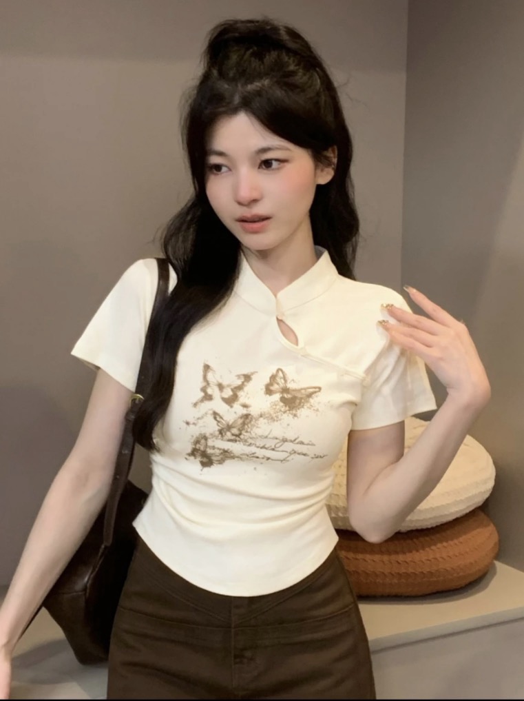 國風中式設計感小眾辣妹短袖T恤女2024夏季新款洋氣修身短款上衣