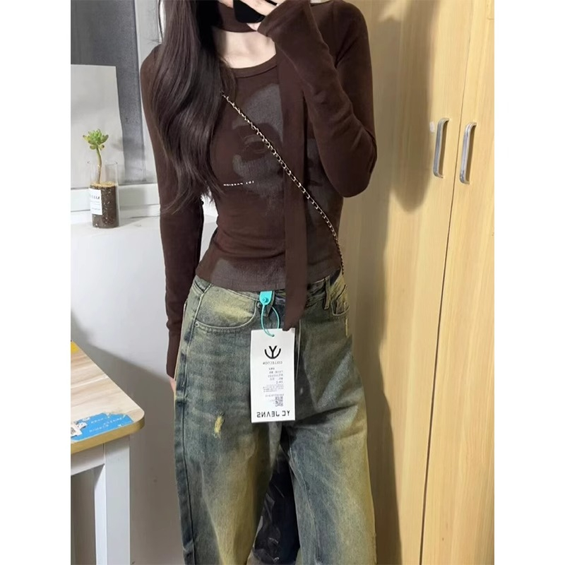 美式辣妹咖色長袖t恤女秋冬高級感內搭打底衫修身顯瘦設計感上衣