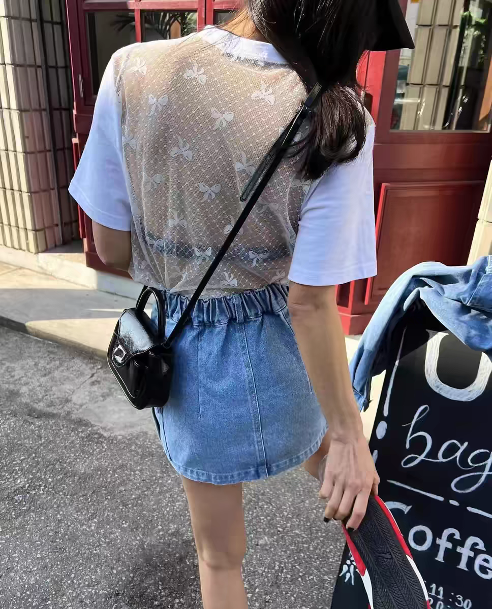 Korea spring new bow backless see-through round neck T-shirt