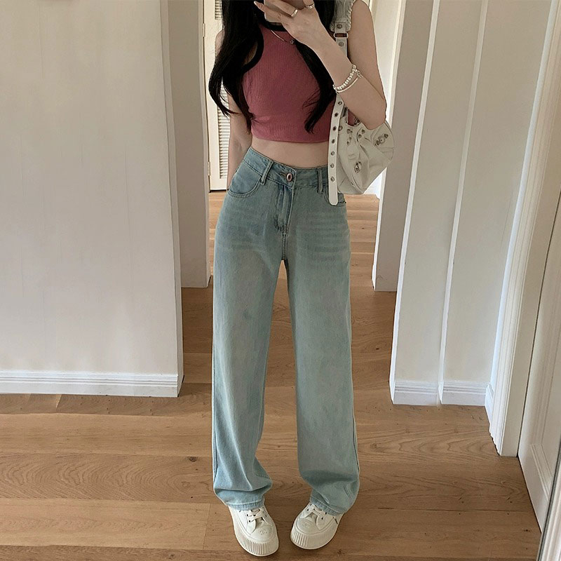高街網紅粉標牛仔褲女小個子梨型休閒闊腿百搭高腰直筒長褲拖地褲