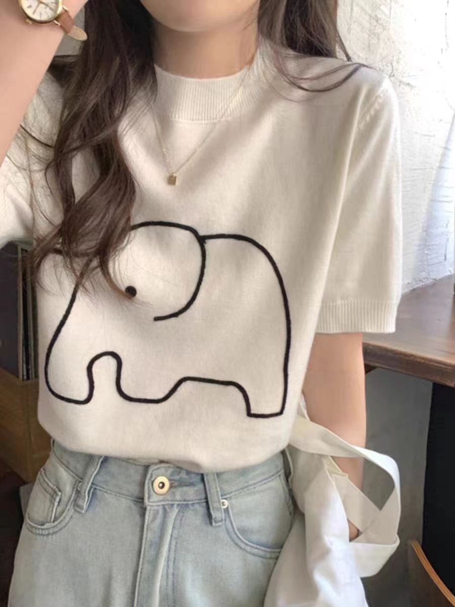 高級感別致辣妹冰絲針織短袖t恤女卡通小象刺繡寬鬆圓領半袖上衣