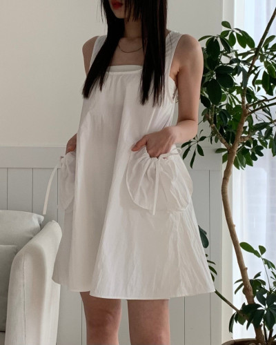 韩国chic 夏季设计感大口袋背心连衣裙