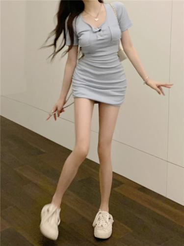 kumikumi纯欲风粉色连衣裙女夏季辣妹收腰包臀裙设计感褶皱短裙子