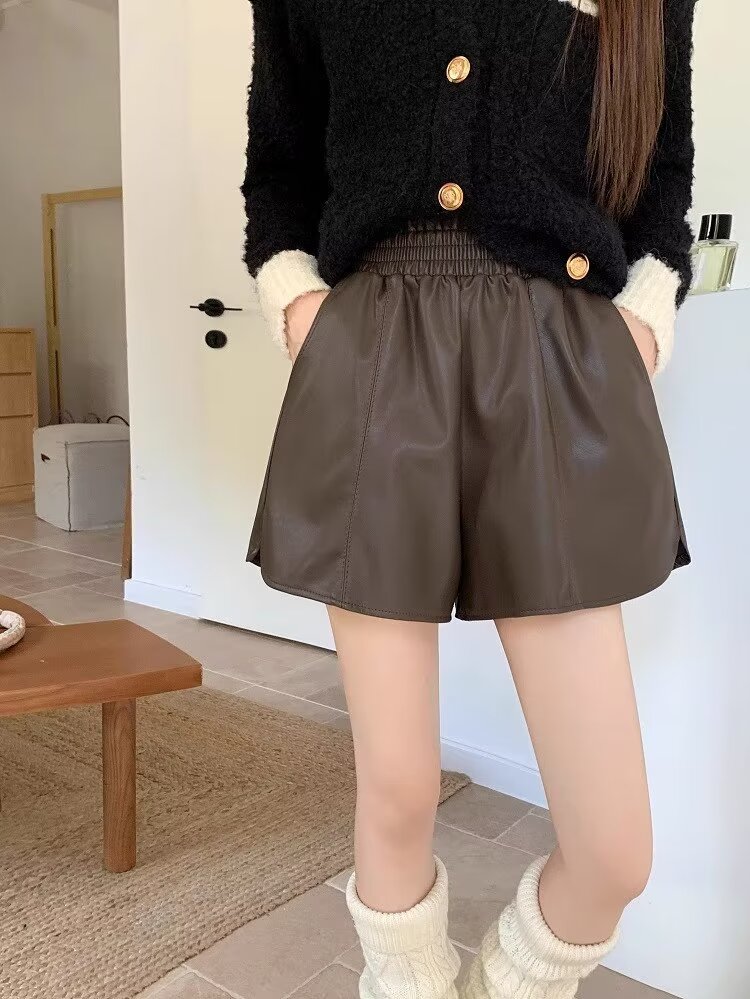 韓版PU皮褲休閒短褲子春夏女高腰三分褲寬鬆直筒褲外穿靴褲闊腿褲