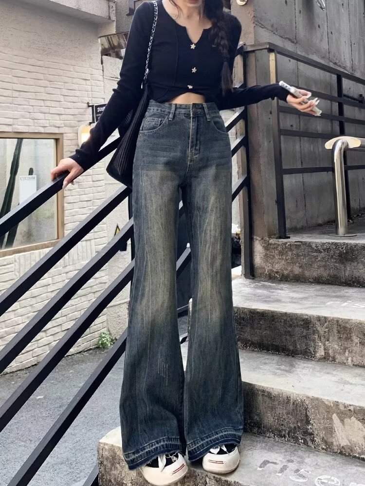 復古微喇牛仔褲女春夏新款2024新款美式高腰顯瘦闊腿喇叭褲子