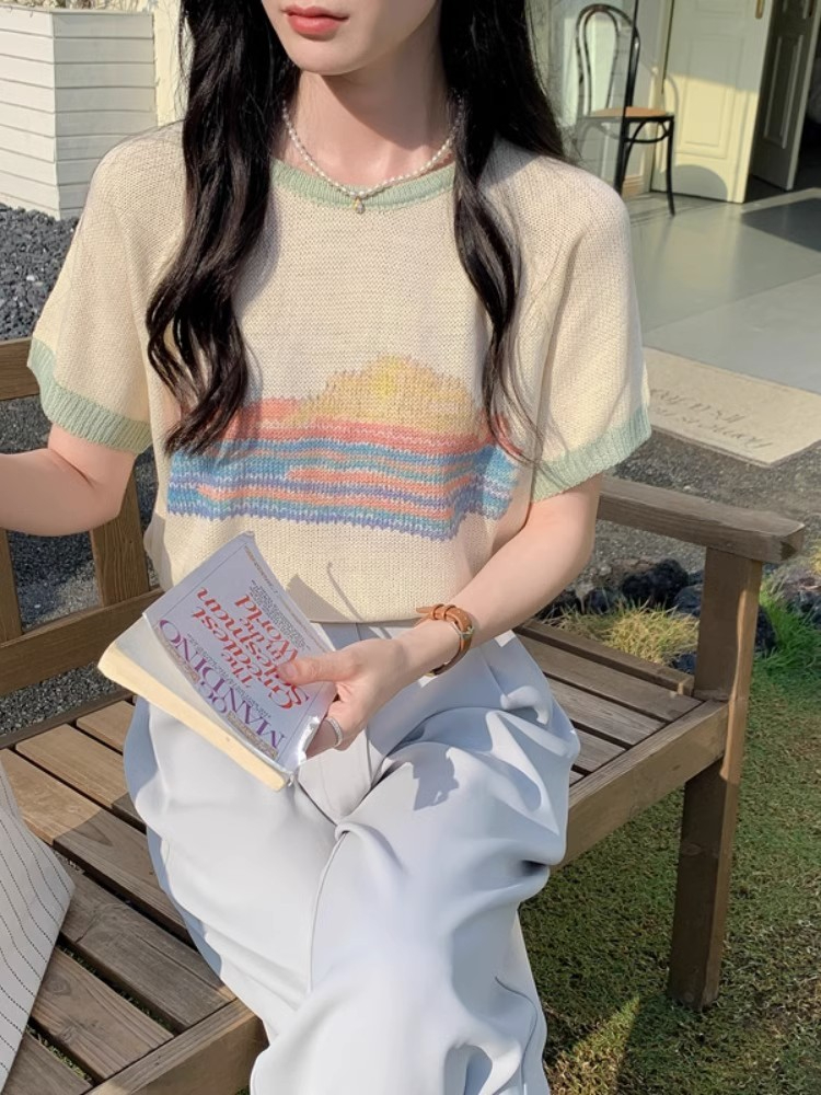 已出貨 日系復古冰絲設計感短袖t恤新款夏季針織衫高級感氣質上衣