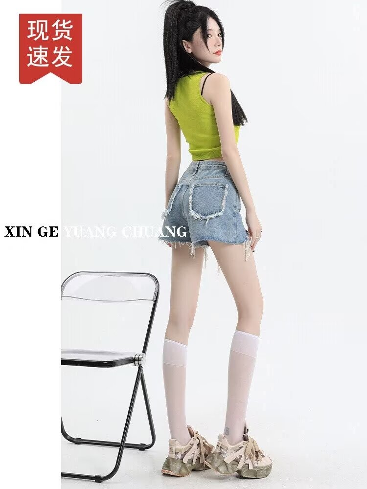 破洞牛仔短褲女2024年夏季新款高腰辣妹毛邊流蘇顯瘦甜辣a字熱褲