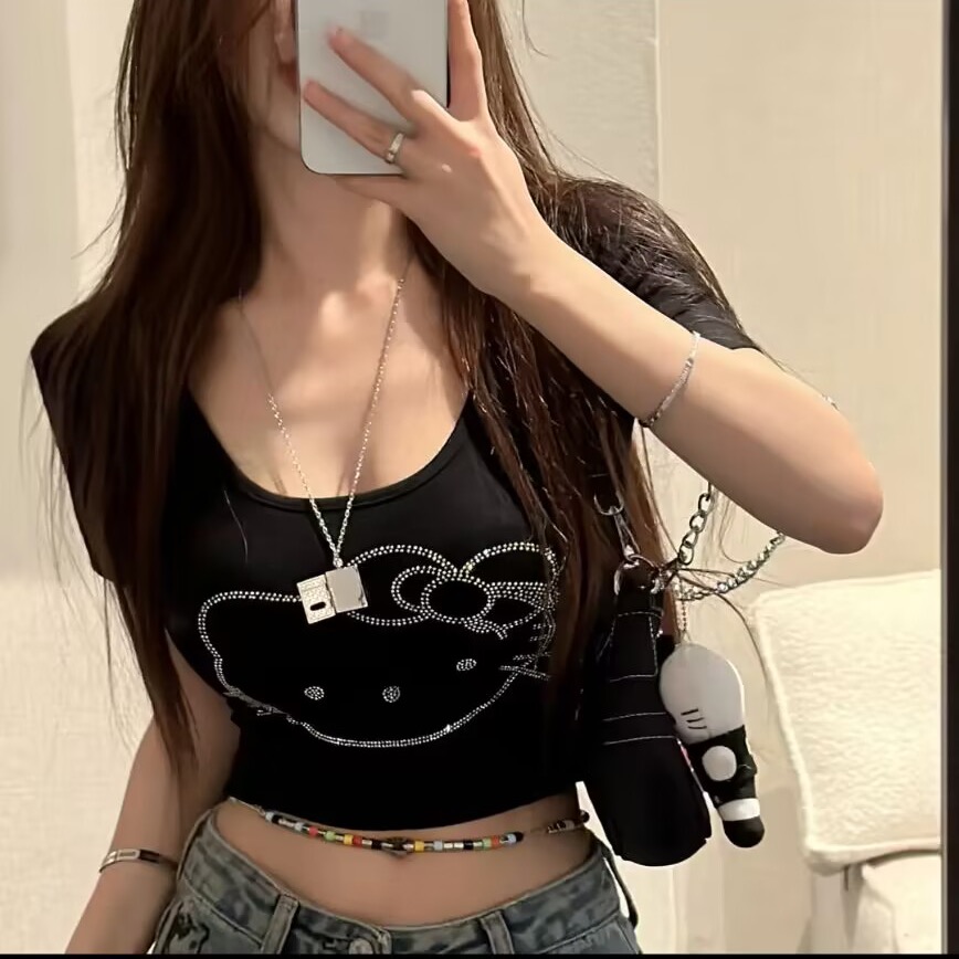 純欲性感U領燙鑽灰色短袖T恤女2024夏季高級感獨特别致小上衣短款