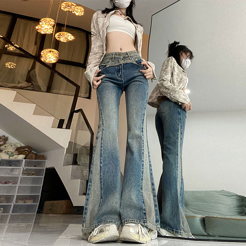 牛仔微喇長褲女秋冬款小眾撞色拼接復古高腰修身毛邊時尚馬蹄褲子