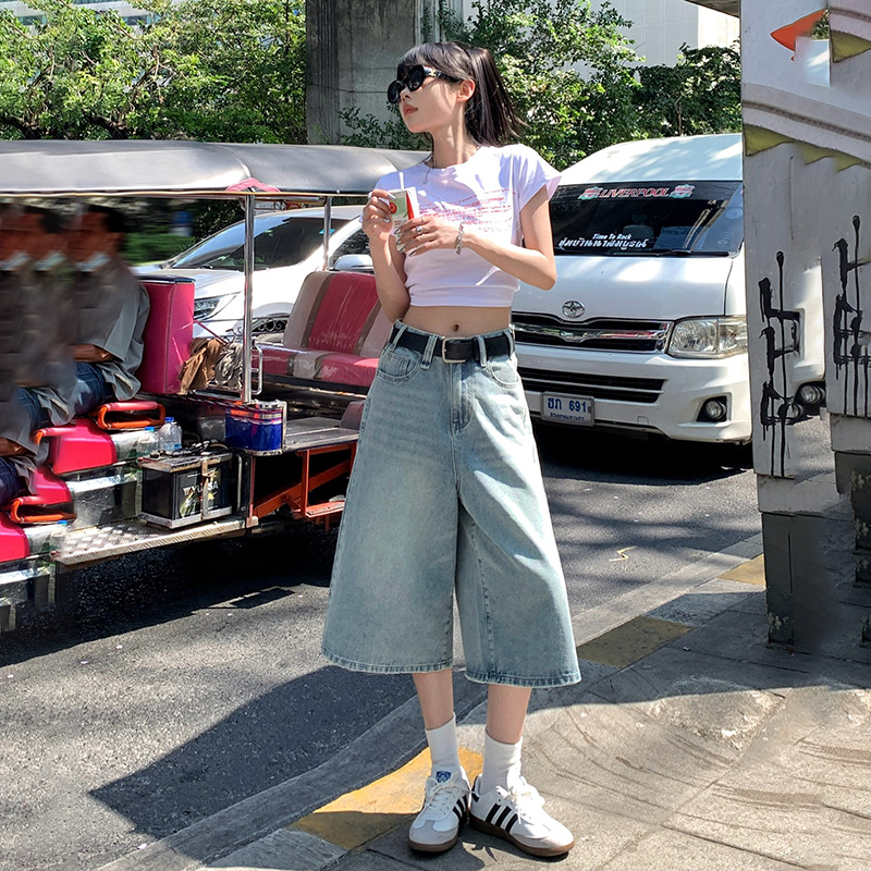 明星同款寬鬆闊腿七分褲女韓國夏季牛仔七分短褲潮牌復古做舊中褲