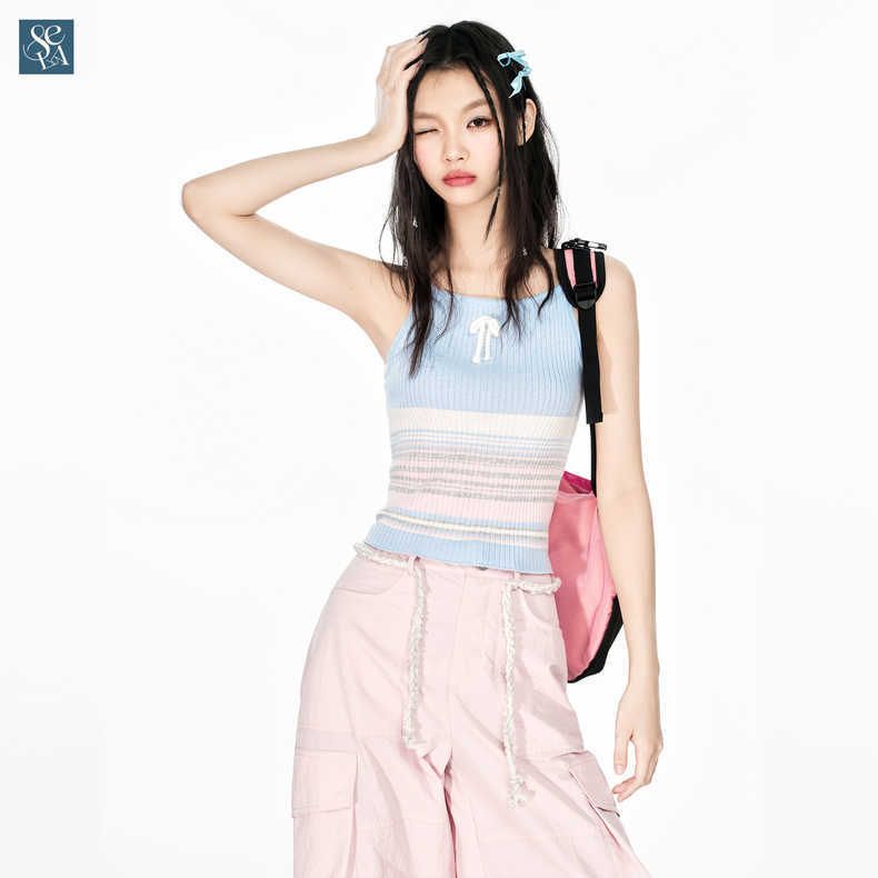 SENCE LA彩虹條紋針織吊帶背心女夏季外穿修身顯瘦短款甜美上衣潮