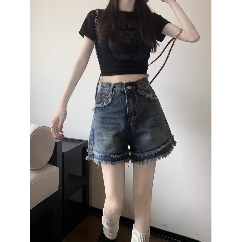 高腰牛仔短褲女2024年夏季新款顯瘦A字綁帶彈力設計感辣妹熱褲子