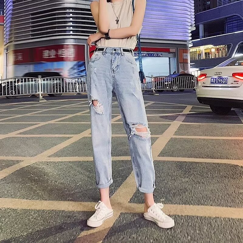 薄款破洞牛仔褲夏大碼胖mm新款春秋網紅高腰顯瘦直筒寬鬆乞丐褲潮