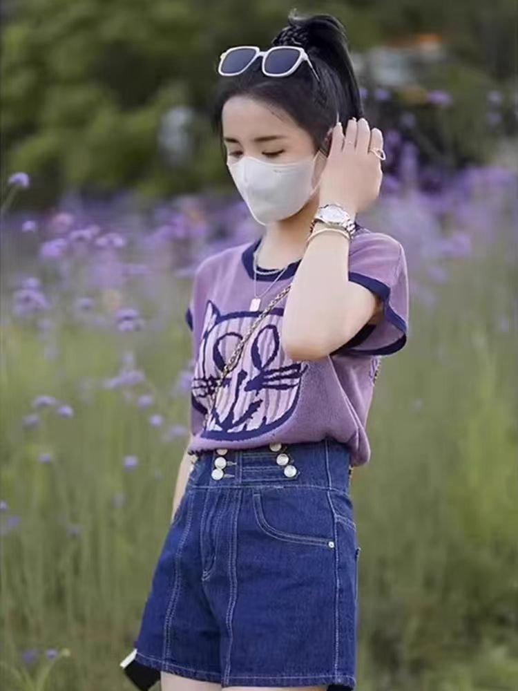 冰絲針織紫色短袖t恤女夏絕美減齡漂亮小衫洋氣獨特别致炸街上衣