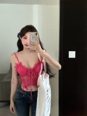 Real shot of pink lace slim suspender female petite pure lust sexy short slim waist tube top