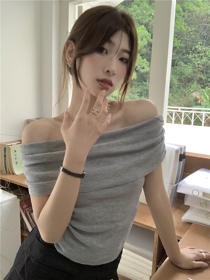 已出貨 灰色一字肩短袖針織衫女夏季修身小個子短款百搭上衣潮