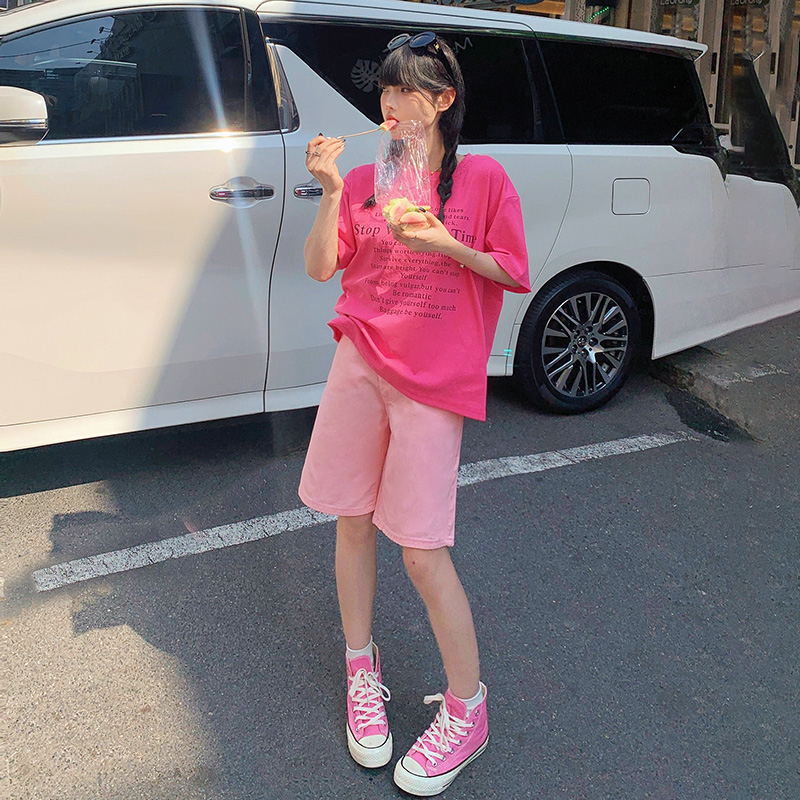 韓版復古粉色短褲不規則腰設計高腰寬鬆闊腿褲直筒五分牛仔褲女