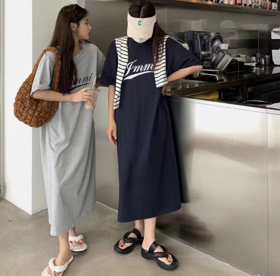 連衣裙女夏季新款寬鬆休閒側開叉字母印花長款T恤裙過膝長裙