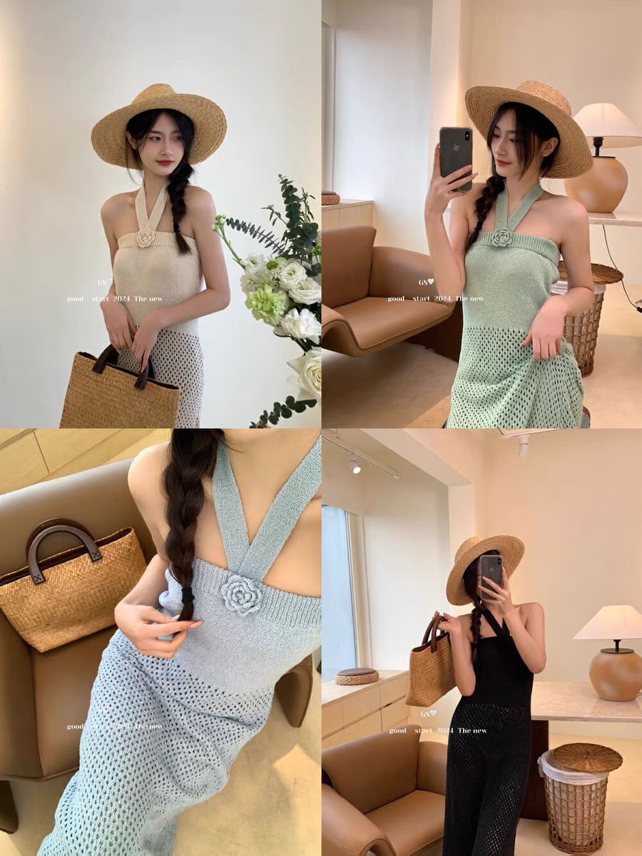 十三行新款春夏高級感鏤空設計掛脖抹胸花朵連衣裙純欲百搭中長裙