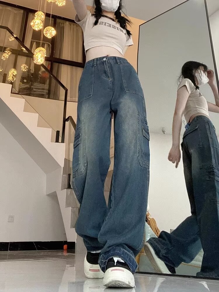 美式高街設計感拼接牛仔褲女垂感直筒百搭鬆緊腰闊腿長褲子