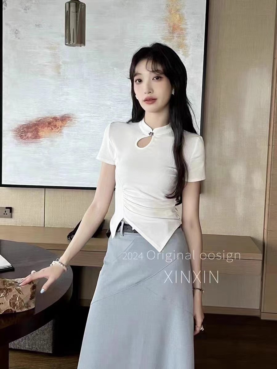 修身純色T恤2024年春新款新中式改良盤扣短袖小個子修身上衣女
