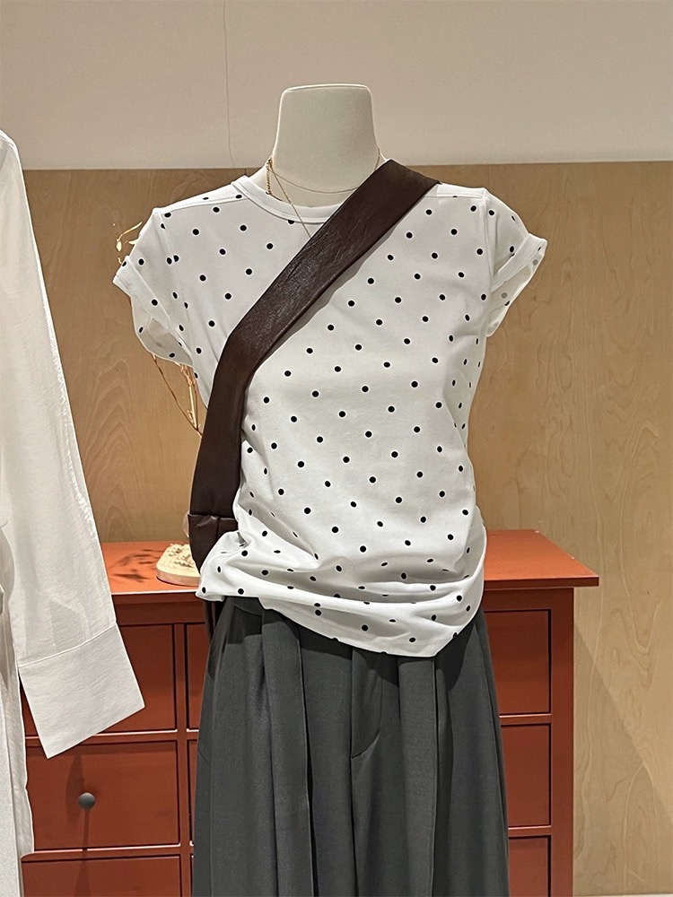 Skk Store 夏日狂想 格雷系高級感短袖減齡波點正肩上衣T恤春女