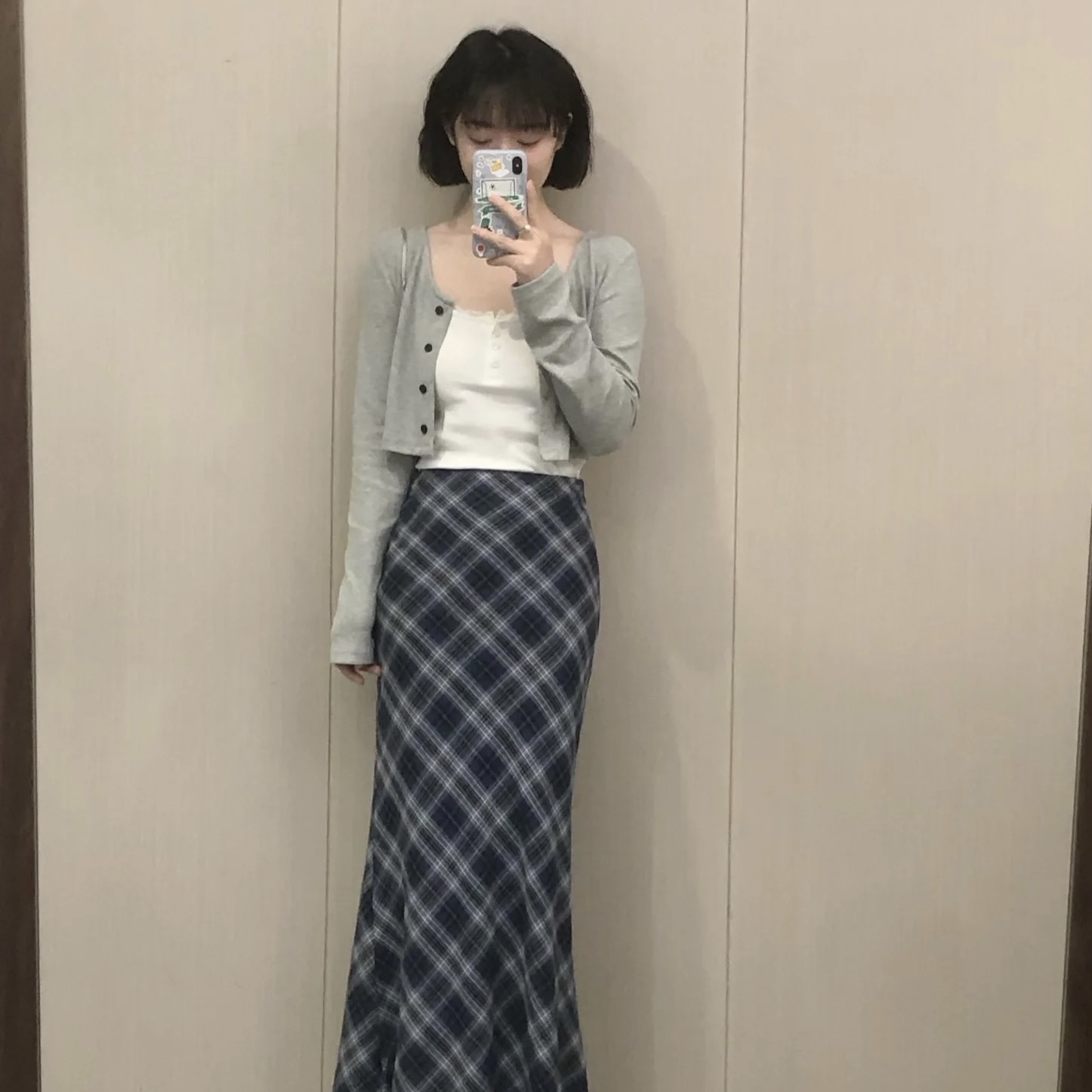 早春穿搭套裝女長袖開衫吊帶背心短款小外套格紋半身裙甜酷三件套