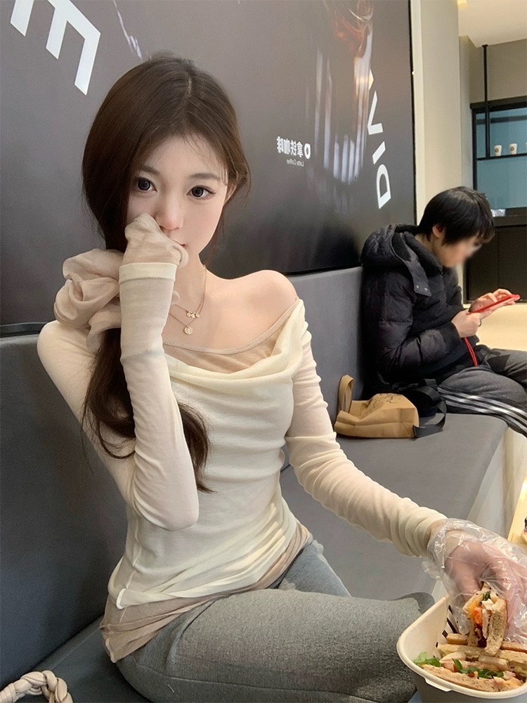 DoggyQin 舒適fur/純欲性感天絲羊毛假兩件長袖T恤女修身顯瘦上衣