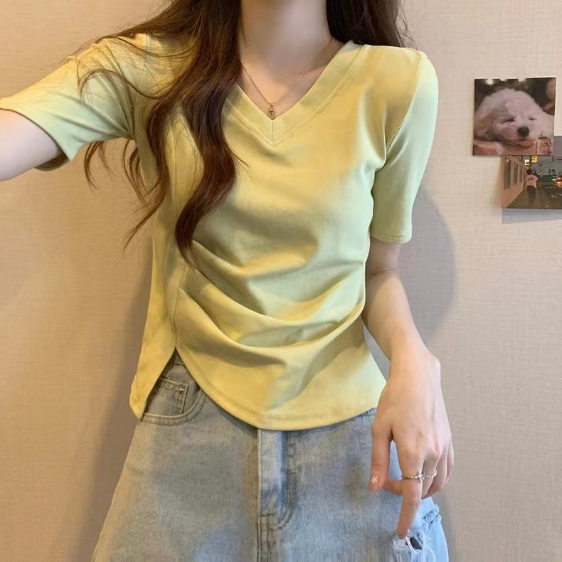 2024夏季新款莫代爾短袖t恤女設計感V領上衣