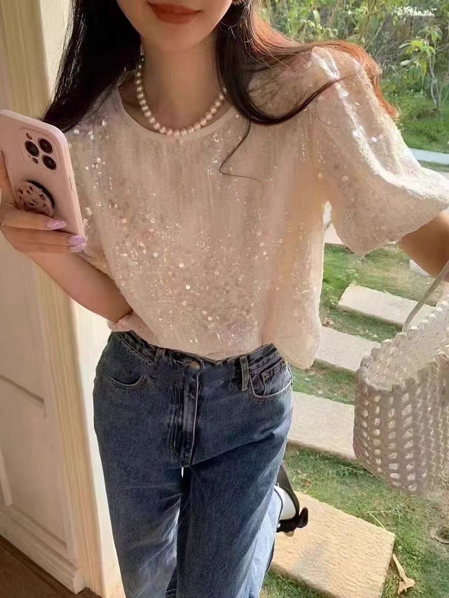 2024春夏上新！短袖襯衫T恤女亮片上衣簡約套頭衫襯衣甜美泡泡袖