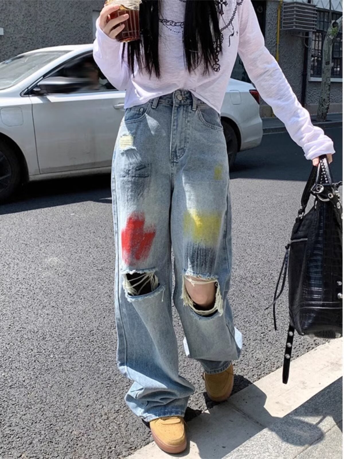 高街情侶美式破洞牛仔褲直筒闊腿水洗褲子手繪潑墨牛仔褲2024