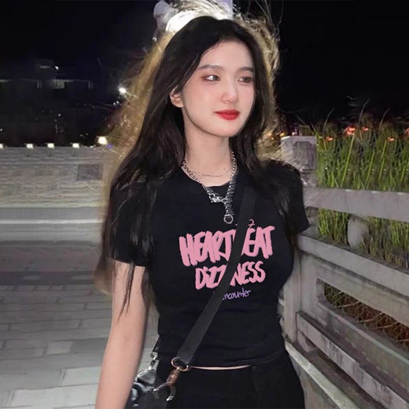 短袖短款上衣女夏季黑色辣妹緊身正肩t恤半袖2024新款甜辣小上衣