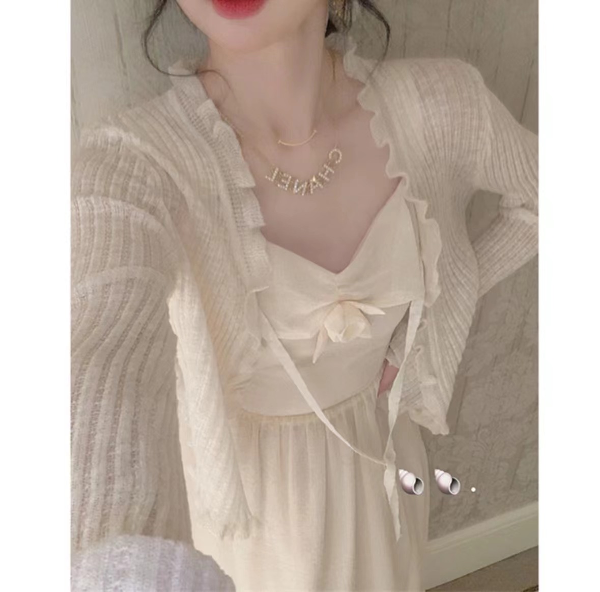 時尚木耳邊冰絲v領針織防曬開衫女夏季薄款氣質顯瘦百搭上衣外套