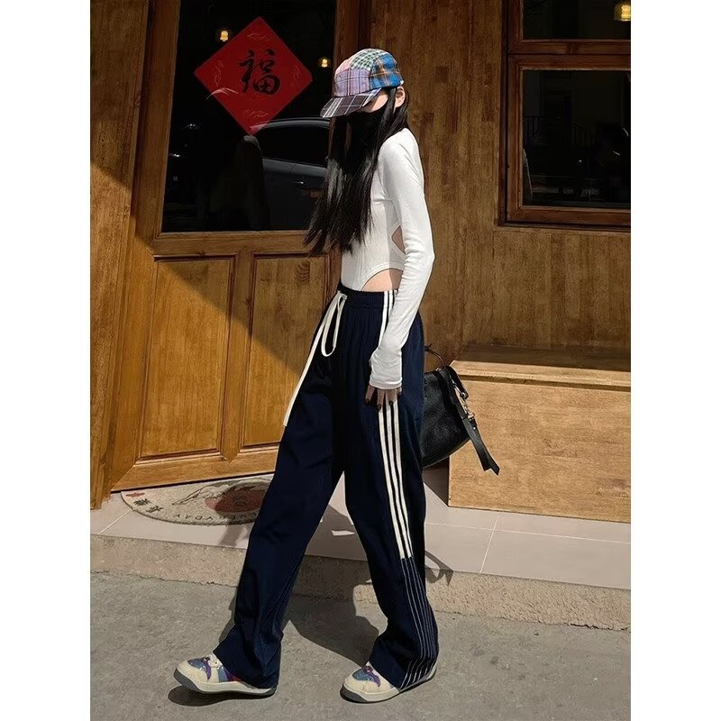 美式休閒褲男女2024夏季薄款高街長褲寬鬆直筒闊腿拖地褲百搭