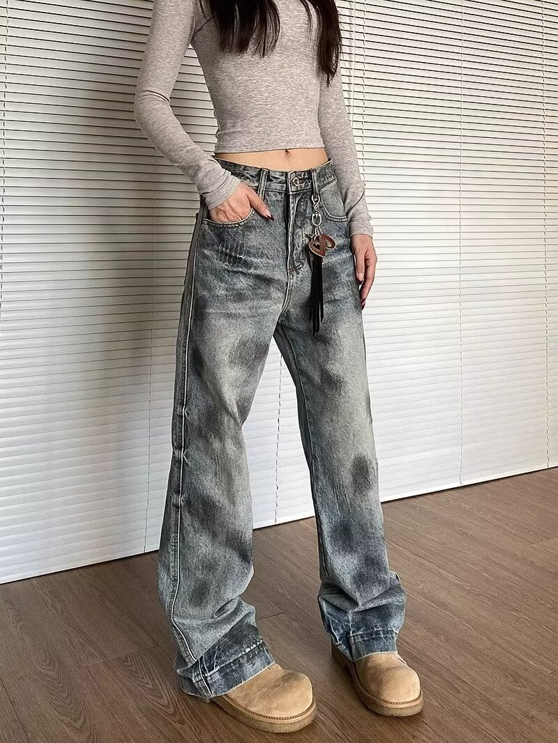 美式街頭復古直筒微喇牛仔褲女感百搭寬鬆闊腿褲子拖地長褲潮