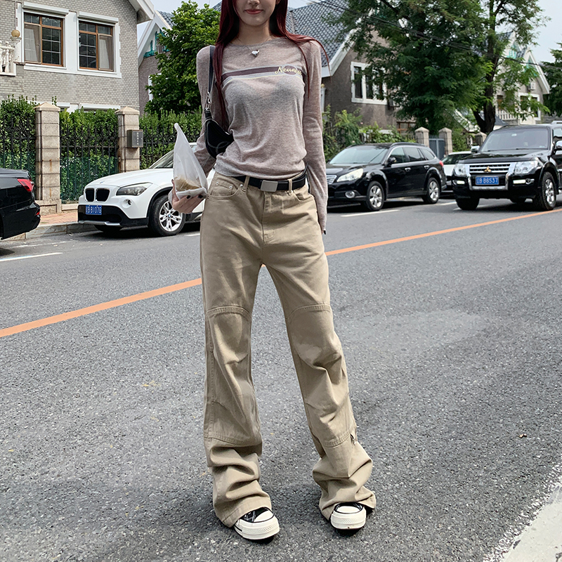 美式拼接工裝褲女卡其休閒牛仔褲女2024韓國春夏顯瘦寬鬆拖地褲子