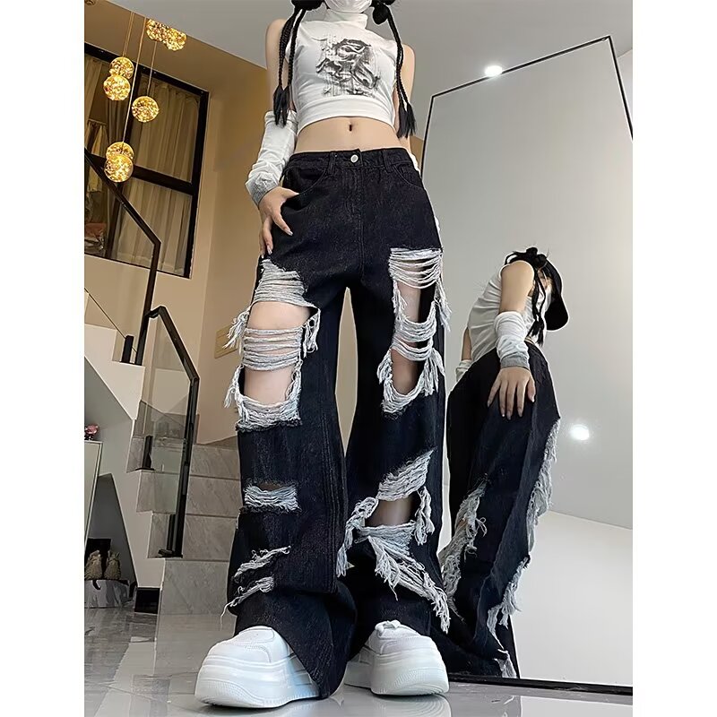 春夏美式高街潮流破洞直筒牛仔褲潮牌水洗垂感長褲女