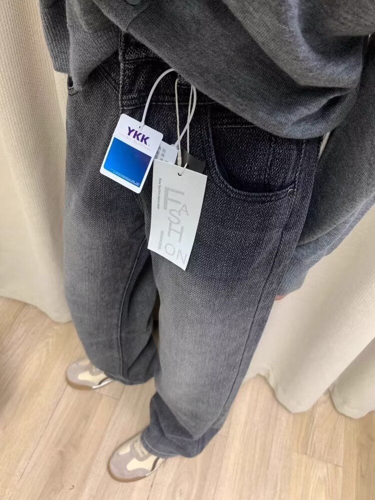 黑色闊腿牛仔褲女梨型身材高腰顯瘦寬鬆直筒褲設計感大碼胖mm褲子