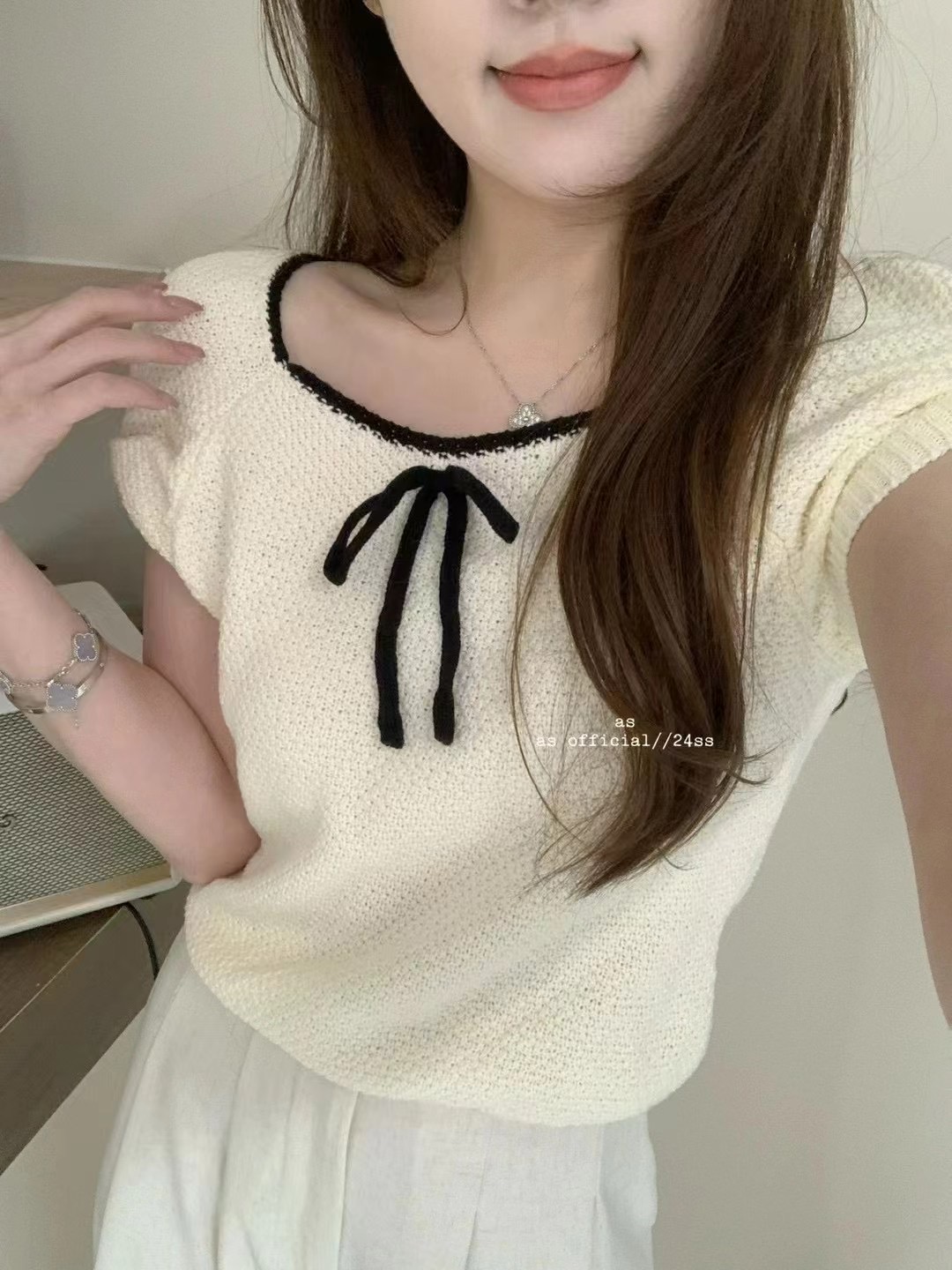 撞色U領蝴蝶結短袖短款針織t恤女2024夏季新款茶里茶氣別致小上衣