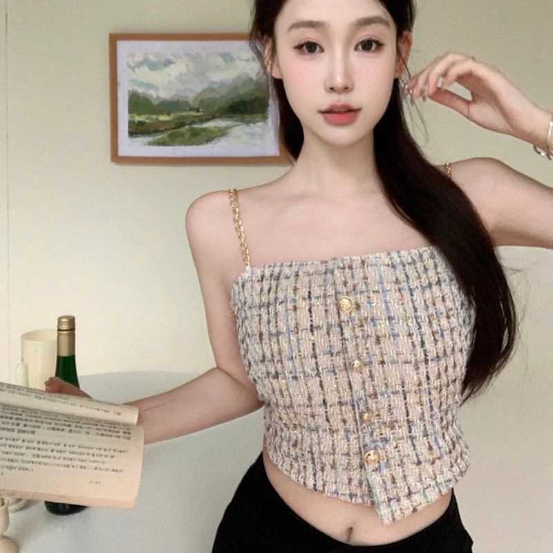 已出貨 辣妹法式小香風一字肩鏈條吊帶背心女帶胸墊抹胸外穿魚骨