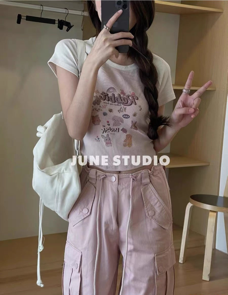 美式復古辣妹撞色T恤女2024夏季新款多巴胺短款露臍短袖正肩上衣