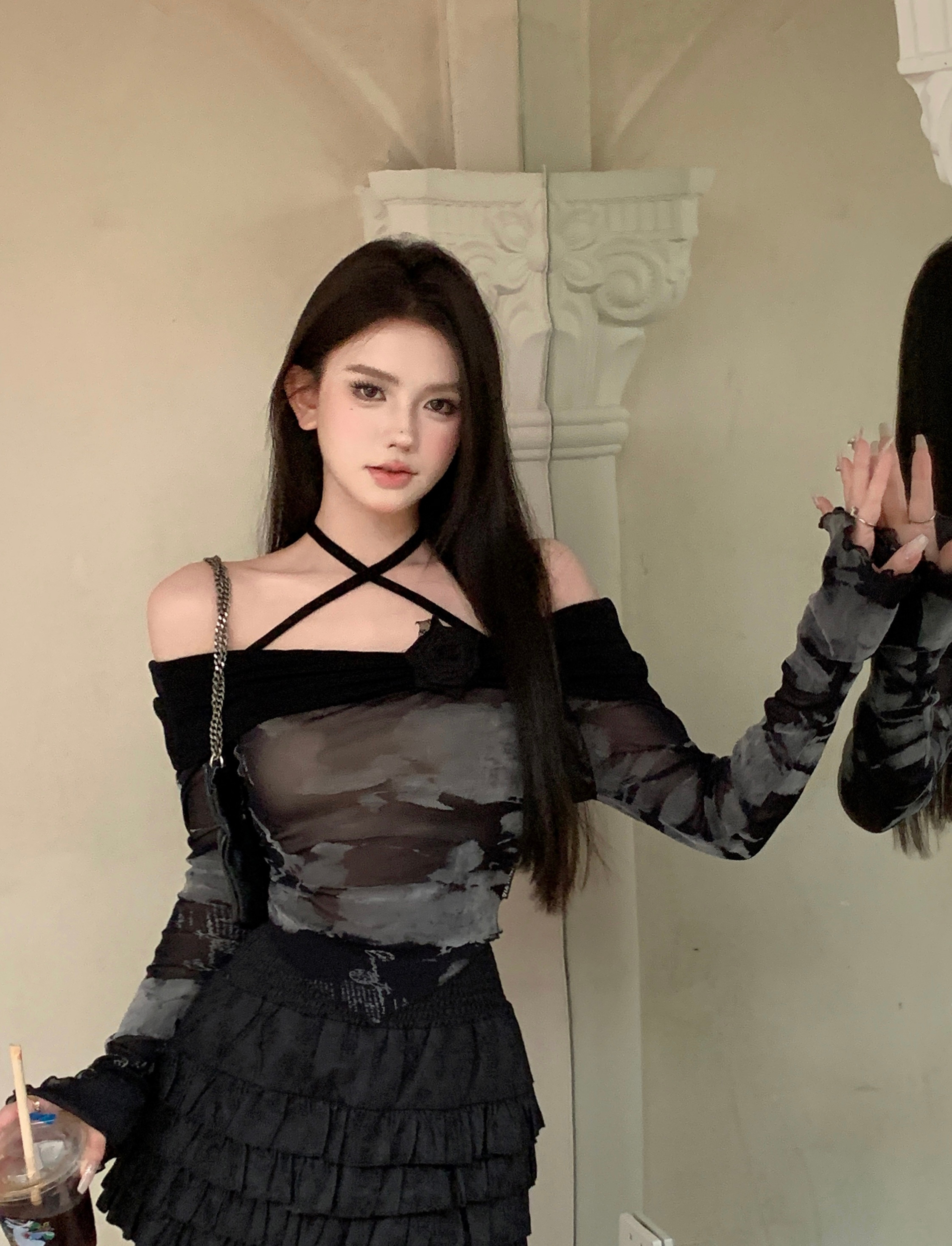 美式辣妹一字肩長袖T恤女秋季設計感撞色不規則修身緊身防曬上衣