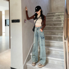 跨境專供韓國鬆緊腰綁繩工裝牛仔褲女春高腰顯瘦褲子寬鬆闊腿直筒