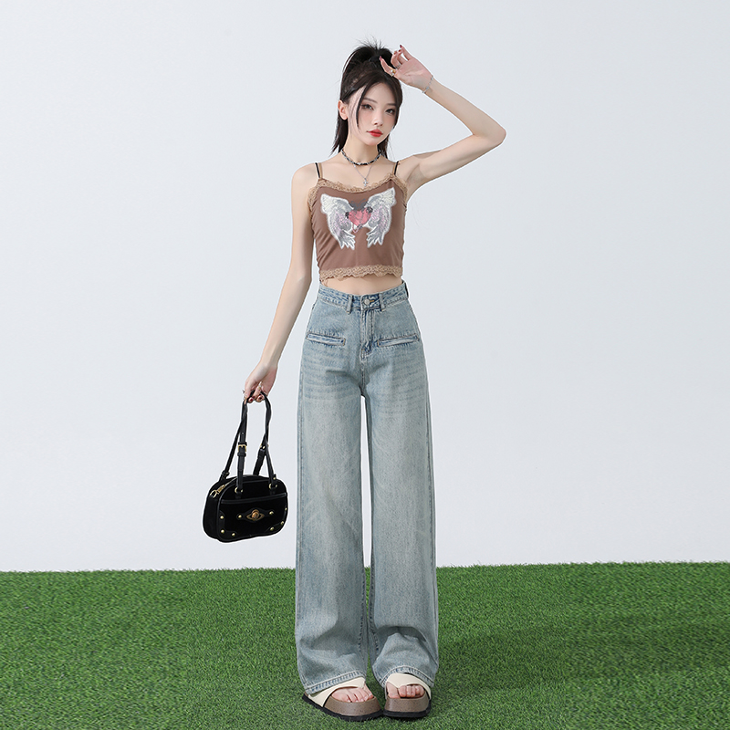 實拍~2024美式辣妹冰涼薄款垂感牛仔褲高腰顯瘦寬鬆闊腿拖地褲女