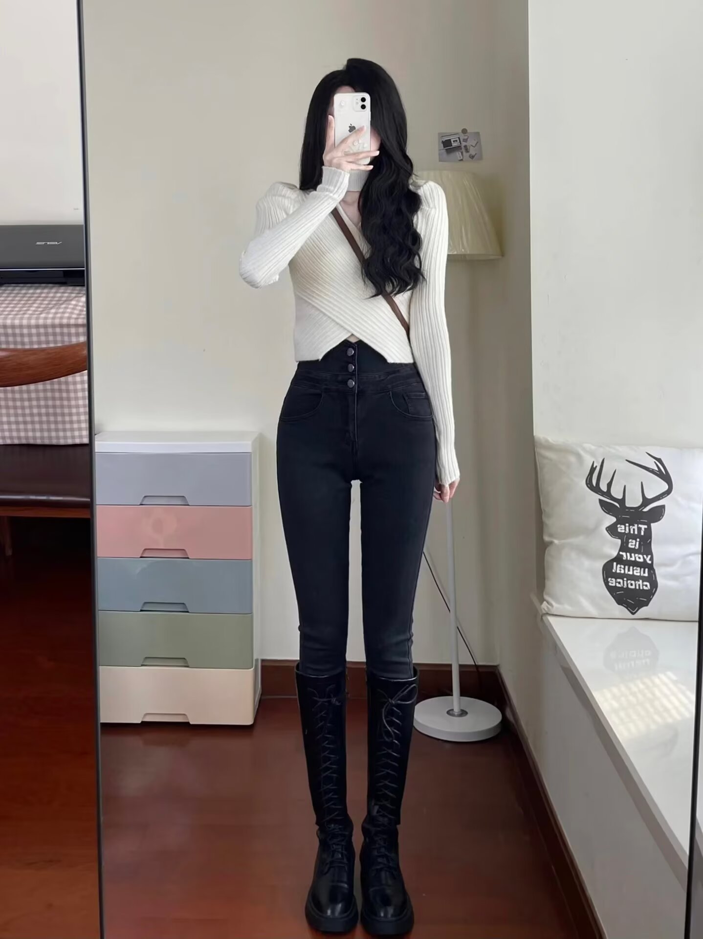 港風高腰緊身顯瘦黑色牛仔褲女新款潮ins春夏彈力鉛筆小腳褲子